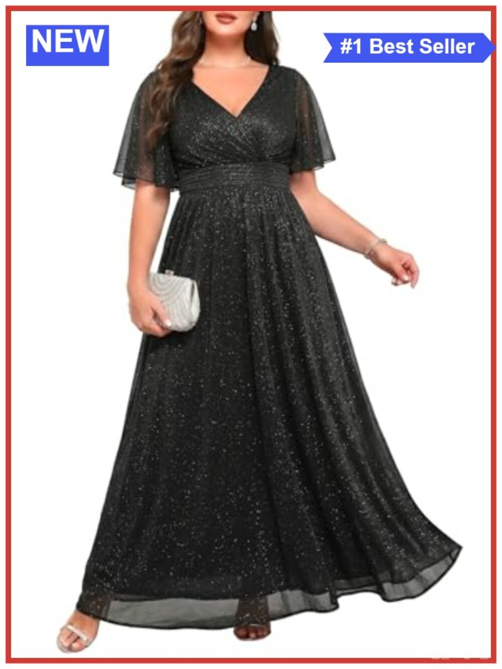 Plus Size Formal Maxi Dress Sequin Chiffon Flutter Sleeve Gown